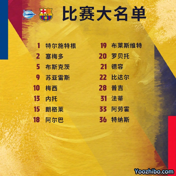 <a href=/zuqiuzhoubian/barcelona/ target=_blank class=infotextkey>巴萨</a>收官战vs阿拉维斯大名单