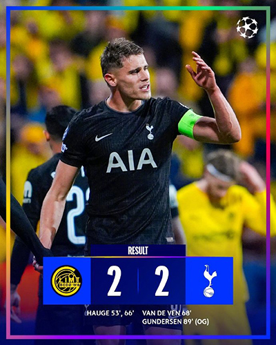 欧冠：热刺2-2绝平博德闪耀 海于格个人秀双响范德文破门