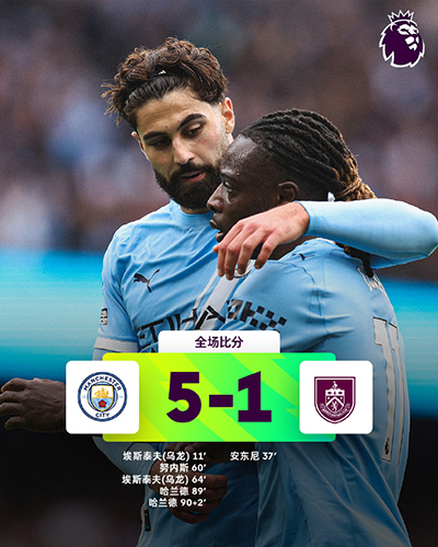 英超：曼城5-1伯恩利 哈兰德2射1传建功