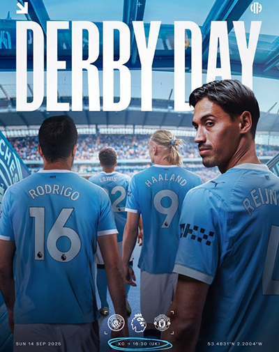 <a href=/zuqiuzhoubian/mancheng/ target=_blank class=infotextkey>曼城</a>晒德比大战海报：哈兰德、罗德里、赖因德斯步入伊蒂哈德