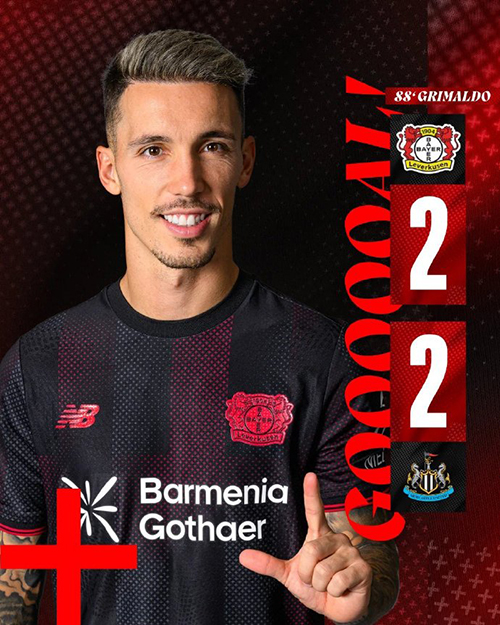 格里马尔多88分钟救主!勒沃库森2-2纽卡,药厂让2追2保住不败金身