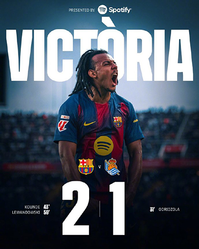 西甲：巴萨2-1皇家社会 孔德莱万进球 亚马尔助攻